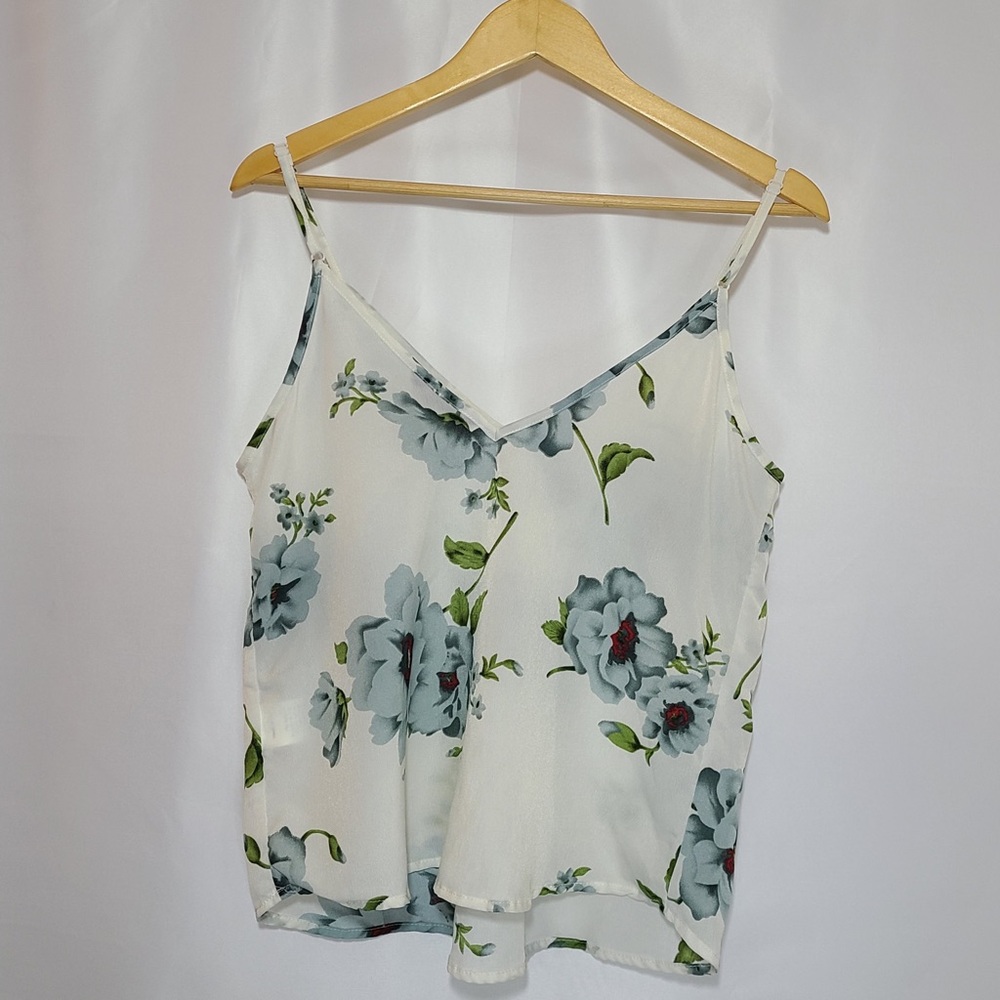 Blue and white floral spaghetti straps, sheer SHEIN top